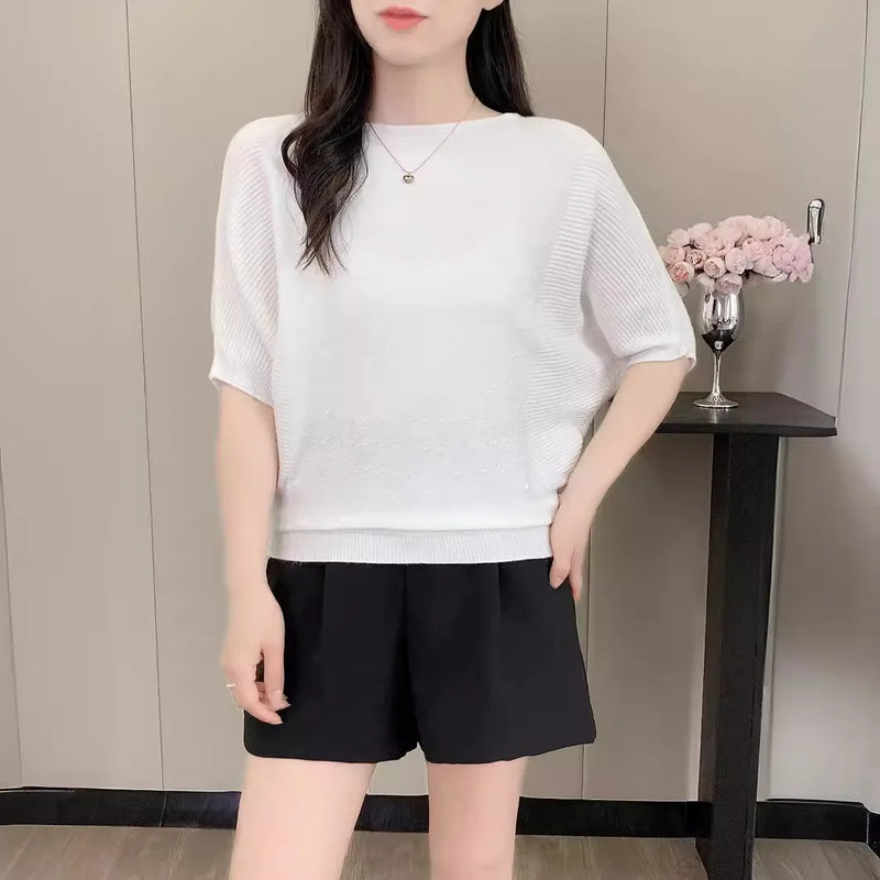 Bat-sleeved Knitted Sweater Women's One-word Collar Top Thin Spring Summer Pullover Shirt Ladies Jumper Pull Femme Knitwear