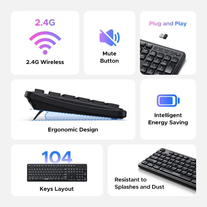 RU Sale UGREEN 2.4G Wireless Keyboard 104 Keys Ultra-Slim US RU Layout Wireless Keyboard Black for PC Laptop Desktop