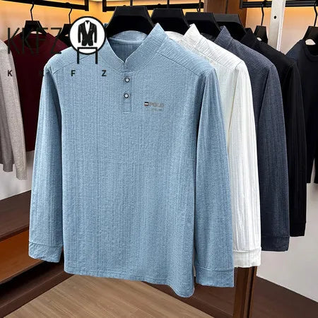 Breathable Vertical Texture Henley Pullover Men Long Sleeve Mandarin Collar Two Button Front Versatile Everyday Garment