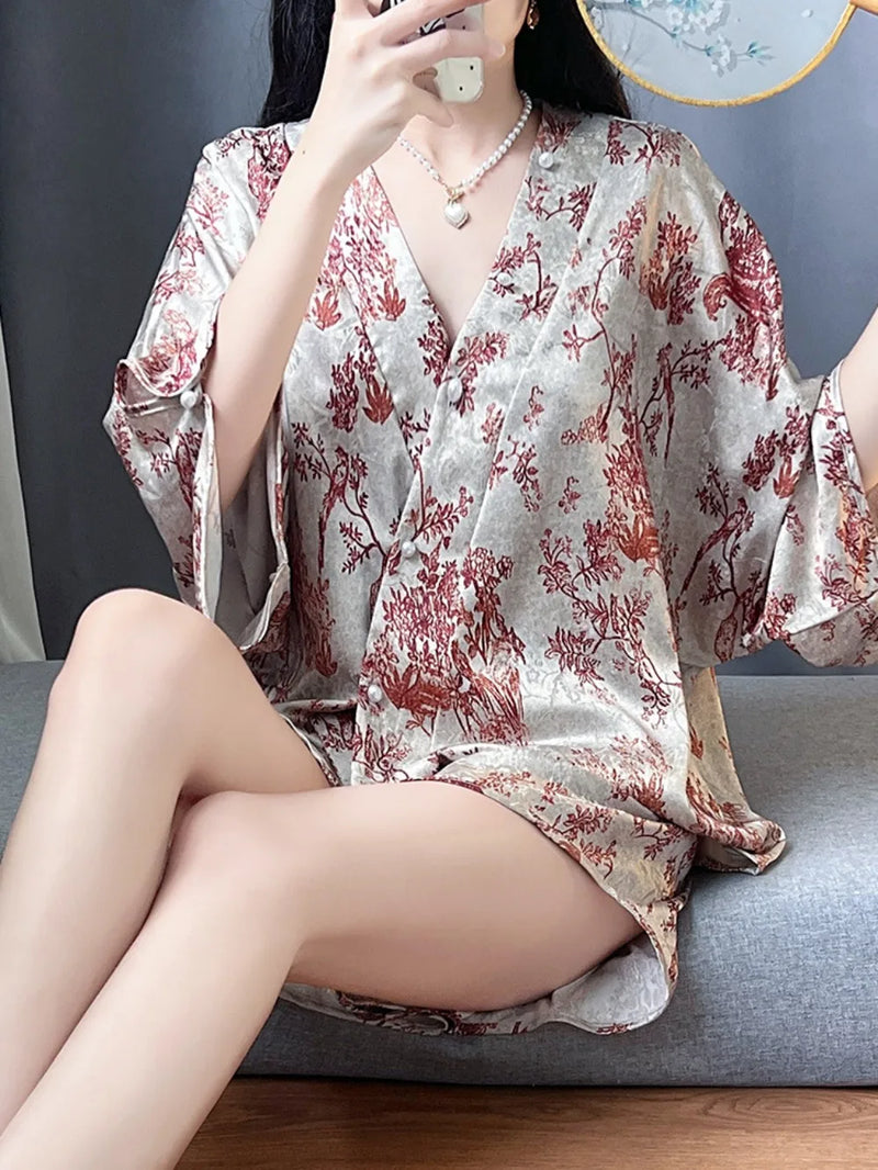 Retro Floral Home Suit For Women Nightwear Nighty Summer Soft Two-Piece Sleepwear Women's Pajamas with Pants Pyjama Set Pijama