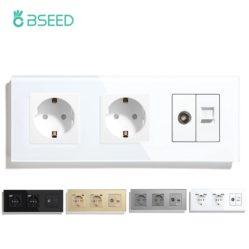 BSEED Double EU Wall Sockets Power Outlets White Black Golden Crystal TV Sockets Power CAT5 Internet Socket Kids Protection 16A