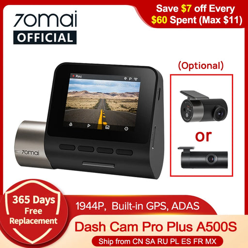 70mai Dash Cam Pro Plus A500S Built-in GPS 70mai A500S PLUS Car DVR 1944P Speed Coordinates ADAS 24H Parking Support Rear Cam