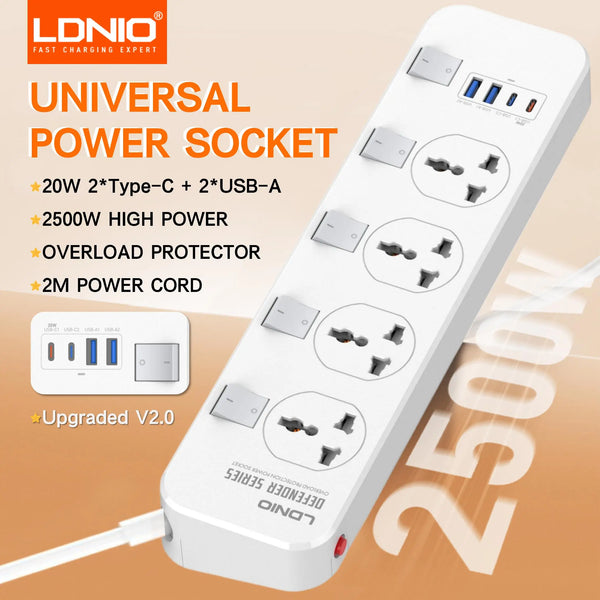 ឌុយភ្លើង V2.0 ខ្សែភ្លើងបន្ថែមទំហំ 6.5 ហ្វីត/2 ម៉ែត្រ ឧបករណ៍ការពារការកើនឡើងនៃចរន្តអគ្គិសនី មានរន្ធដោត AC ចំនួន 4 រន្ធ USB C ចំនួន 2 រន្ធសាកថ្ម USB A ចំនួន 2 កុងតាក់សម្រាប់ដោតចក្រភពអង់គ្លេស សហរដ្ឋអាមេរិក និងសហភាពអឺរ៉ុប