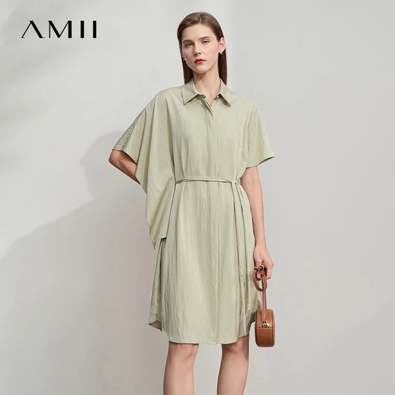 Amii Women's Dress 2026 Summer Turn-down Collar Pleated Asymmetric Batman with Belt Loose Diagonal Female Midi Dress 12512041