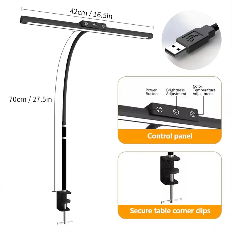 LED Desk Lamp Clamp Eye-Caring Clip on Lights for Home Office Long Flexible Goose-Neck Arm Architect Task Table Lamps with USB