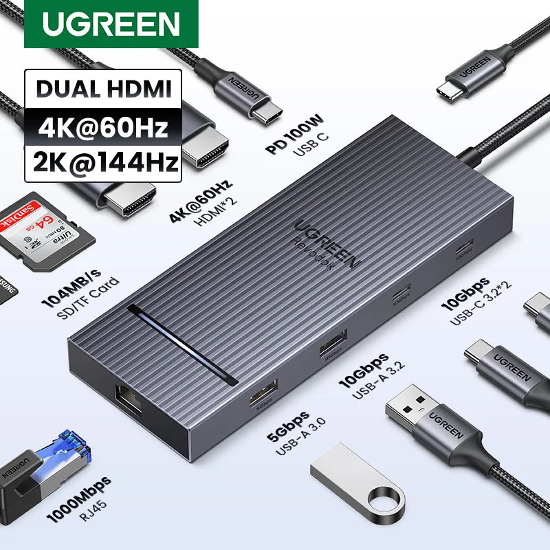 UGREEN USB C HUB Dual Monitor Extend 4K60Hz HDMI 10Gbps PD100W RJ45 SD TF Splitter for Windows Laptop Dell HP Docking Station