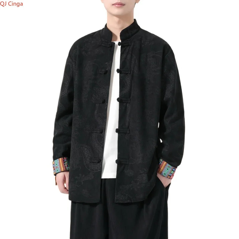 Retro-style Men's Black Long-sleeve Jacket with Chinese Dragon Motif, Single-breasted Stand-up Collar Coat.pink,Red,Apricot Top.