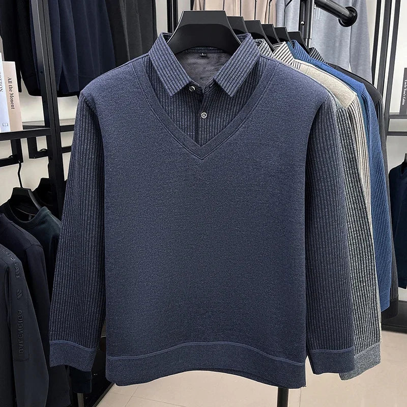 Thermal Warm Knit Sweater For Men Collared Fake Vest Elastic Cuff Full Fleece Lined Vertical Stripe Autumn Office Clothing