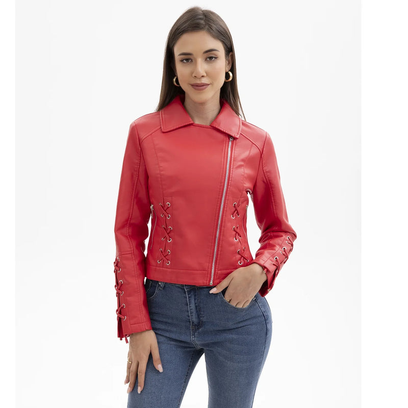 Red PU Faux Leather Jacket Women Fashion Casual Biker Jackets Outwear Female Tops Spring and Autumn Black Leather Jacket Coat