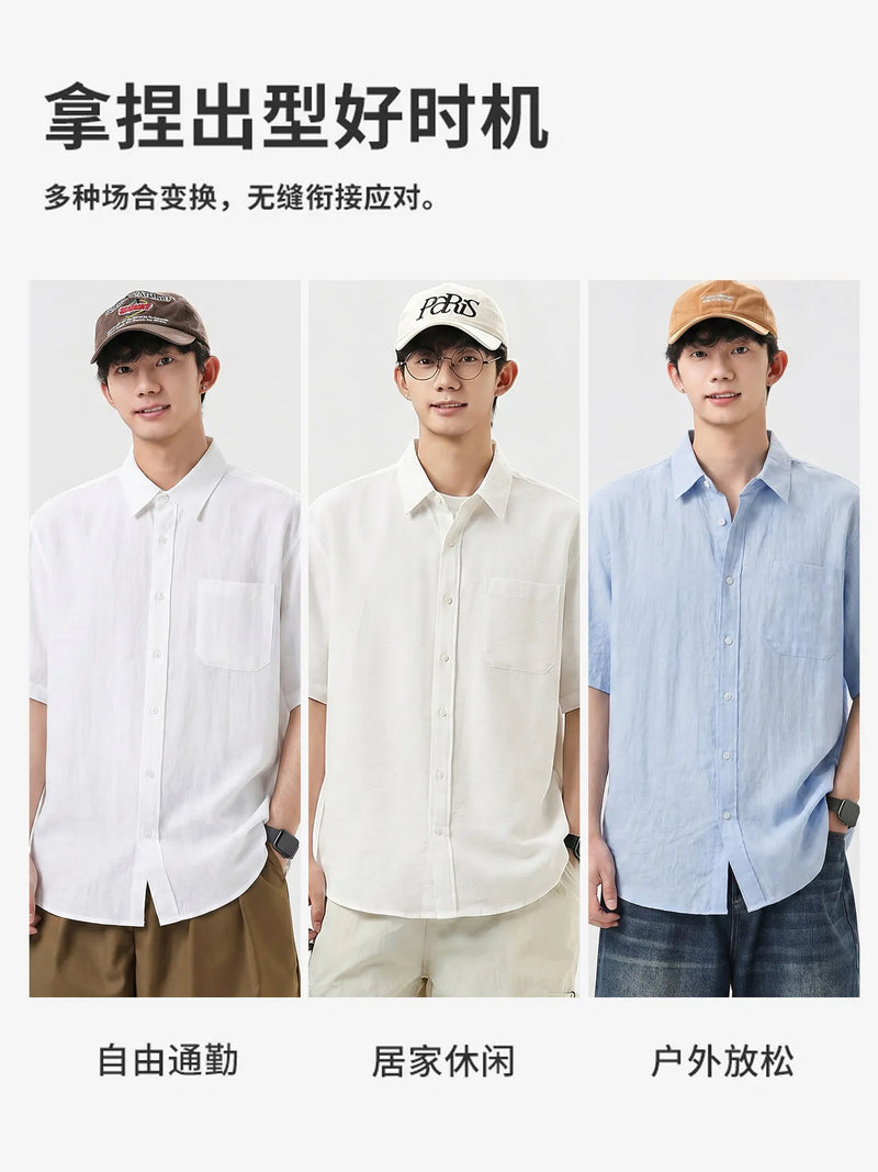 DUKEEN Men's Lyocell Linen Shirt Summer Short Sleeve Lightweight Breathable Cooling Casual Button Down Shirt