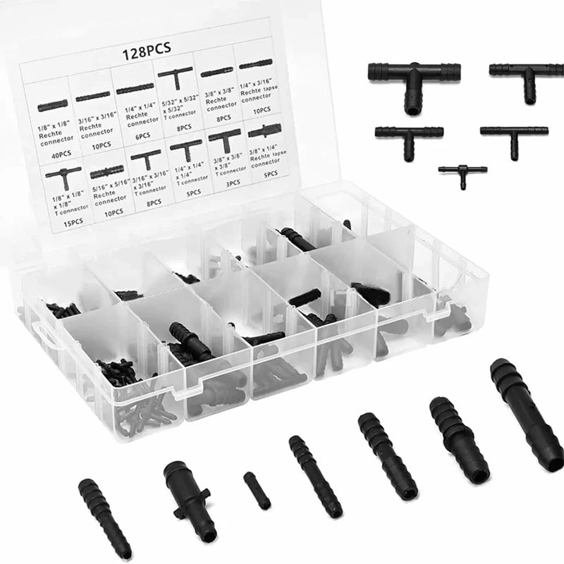 SEAMETAL 128Pcs Vacuum Connector Assortment Plastic Hose Joiner Tee Water Spray Pipe Joints Plastic Straight T Piece Connectors