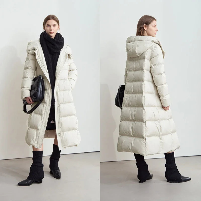 Amii 2026 Winter New Warm Hooded Graphene Lining Long Down Jacket Women Leather Brand Decorative Fashion Commuter Coat 12444029