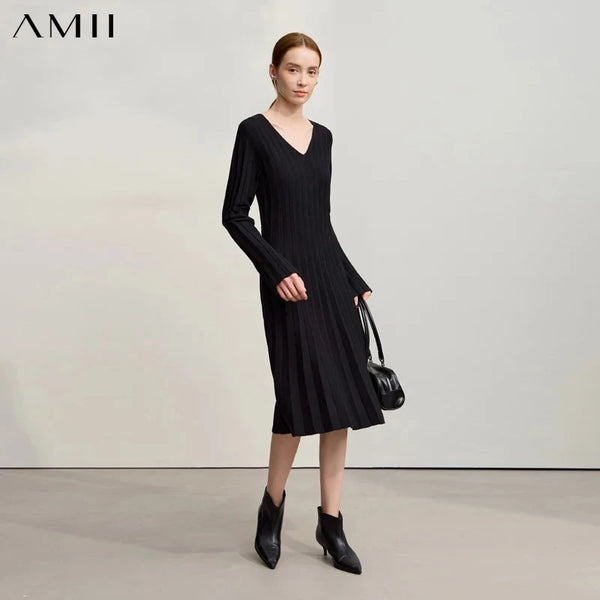 Amii New Dresses For Woman V-neck Flare Sleeve Casual Medium And Long Elastic 2026 Winter Elegant Wool Midi Dresses 12544214