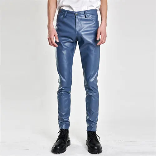 2026 Bright Green Men's Biker Leather Pants, Fashion Slim Stretch PU Pants Red Blue Black Gray Men Pant Plus Size 28-36 38 40