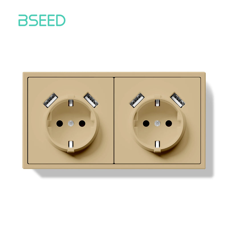 BSEED EU Standard Single Wall Socket Double USB Charge Port Wall Power Outlets Electric Plugs White Black Plastic Frame 16A