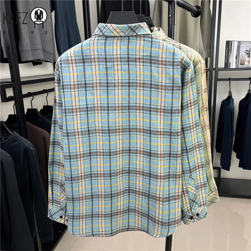 Street Fashion Plaid Shirt Loose Fit Chest Pocket Woven Label Autumn Casual Button Down Layered Overshirt