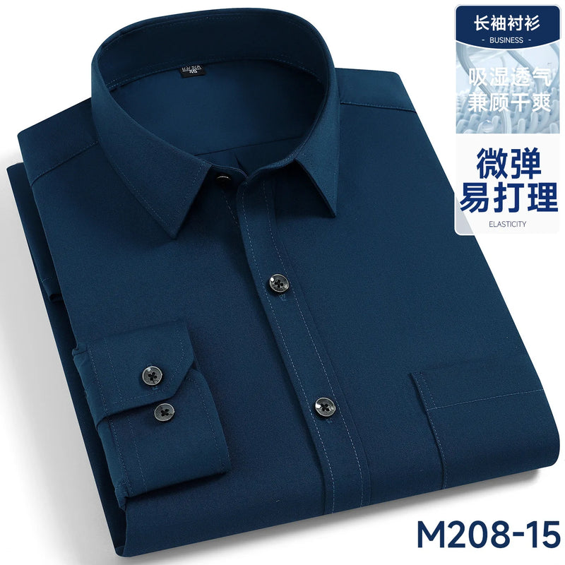 Men's Black Long-sleeve Plaid Shirt for Spring and Fall; Wrinkle-resistant, Quick-drying, Casual Stretch Shirt. White,Gray,Blue.