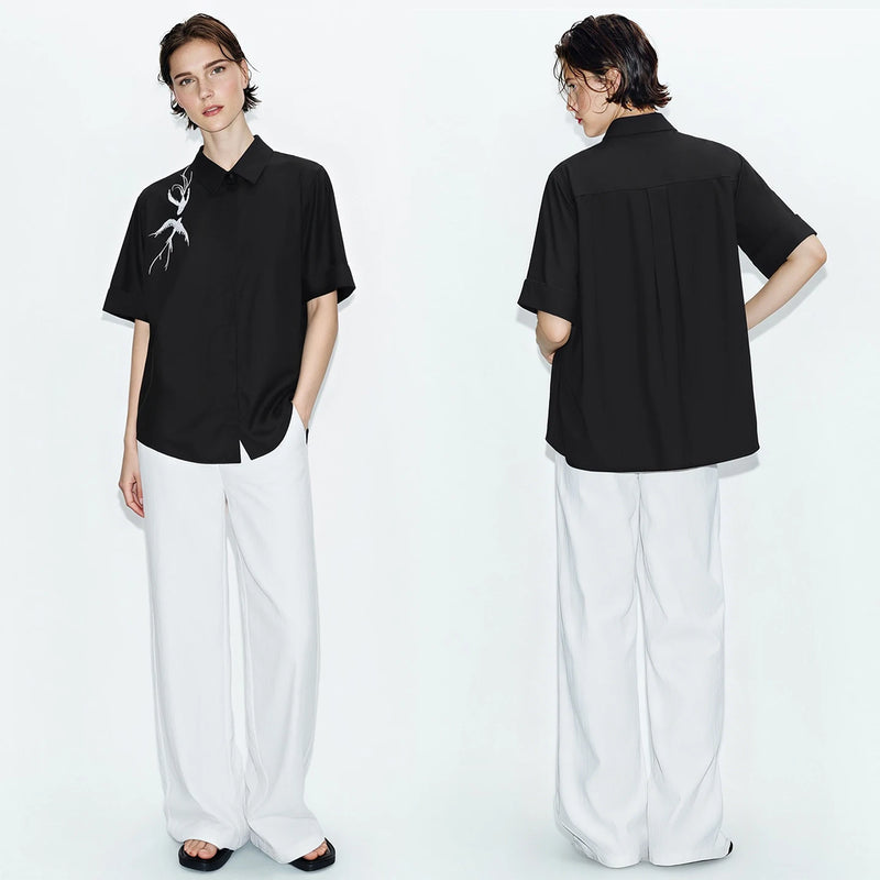 Amii Women's Shirt 2026 Summer New Chinese Embroidery Asymmetric Lapel Women's Cotton Shirt Short Sleeve Casual Tops 12622125