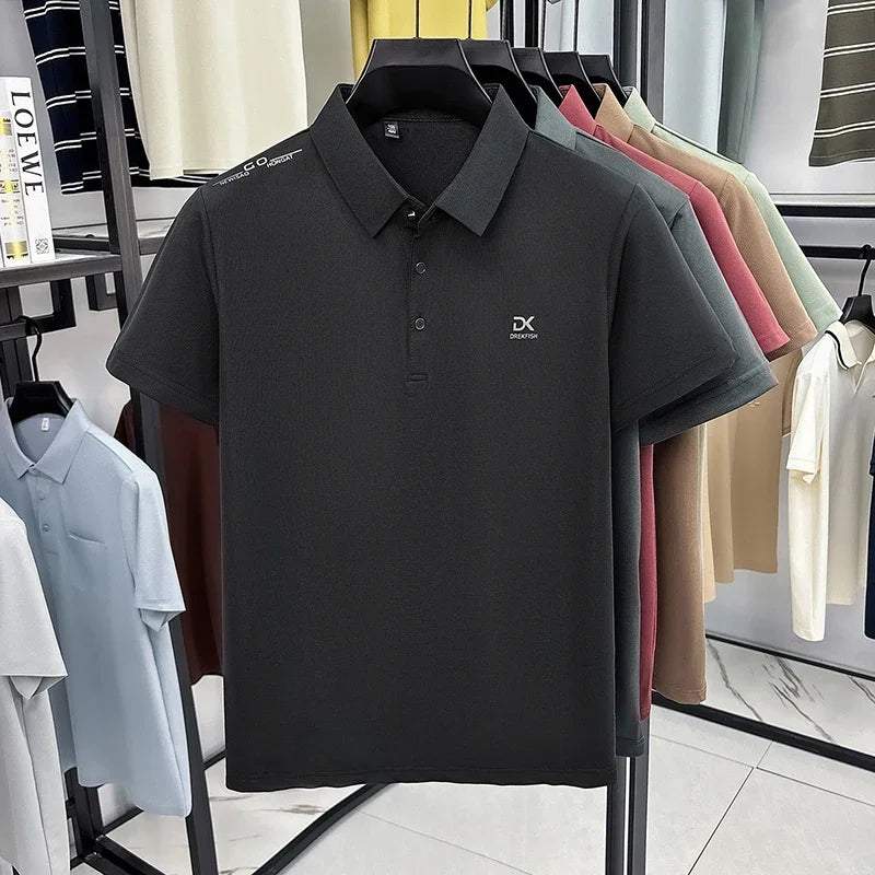 Mens Classic Short Sleeve Polo Shirt Lapel Style Chest Embroidery Detail Breathable Top For Daily Commute And Outdoor Use