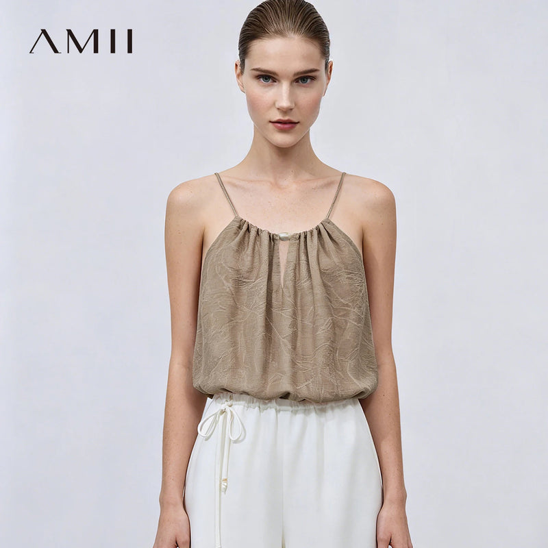 Amii Halter Tie Cami 2026 Summer New Linen Blend Jacquard Sleeveless Cami Breathable Loose Casual Tank Top For Women 12622200