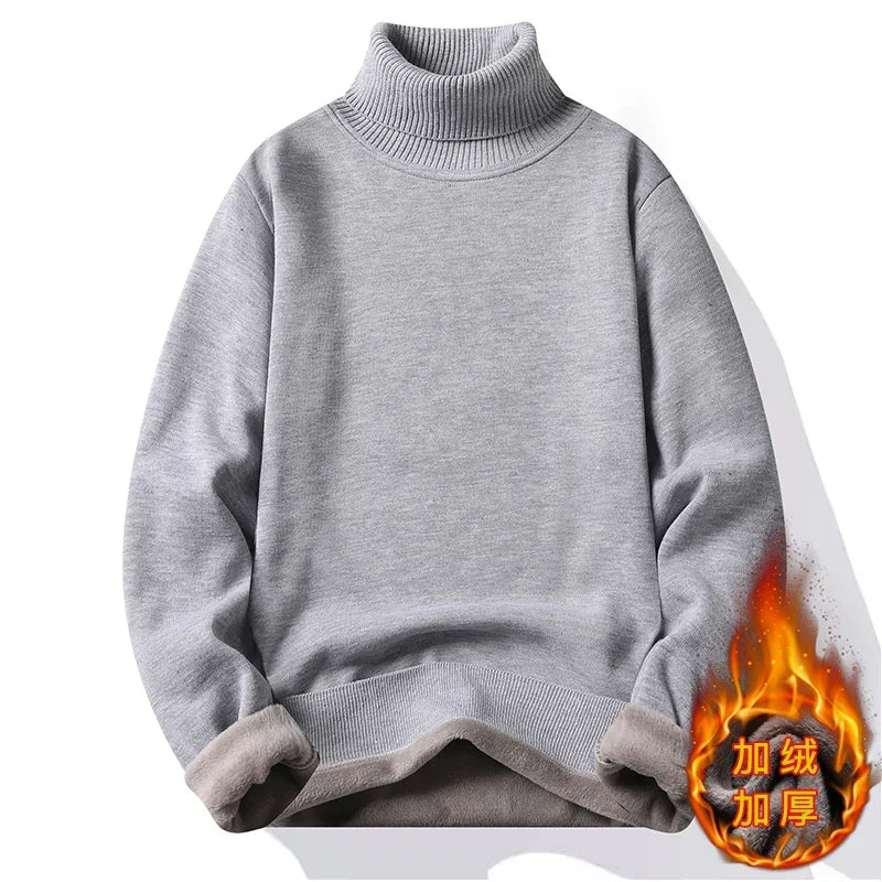 Male Long Sleeve Turtleneck Knit Top Thick Fleece Lining Warm Thermal Pullover Loose Fit Daily Casual Basic Clothes