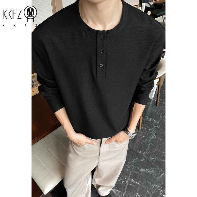 Autumn Leisure Long Sleeve Tee Men Henley Neck Three Button Front Loose Fit Textured Daily Basic Shirt