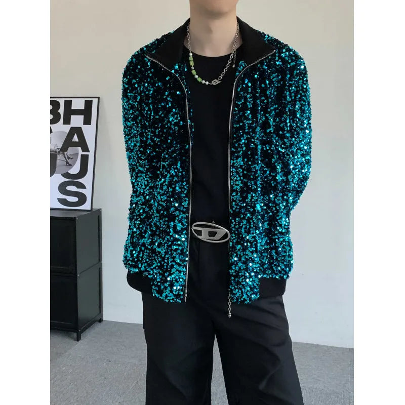 Best Seller: Loose-fitting Men's Long-sleeve Jacket with Blue Circular Sequin Embellishments;Unisex Top for Singers,Dancers, DJs