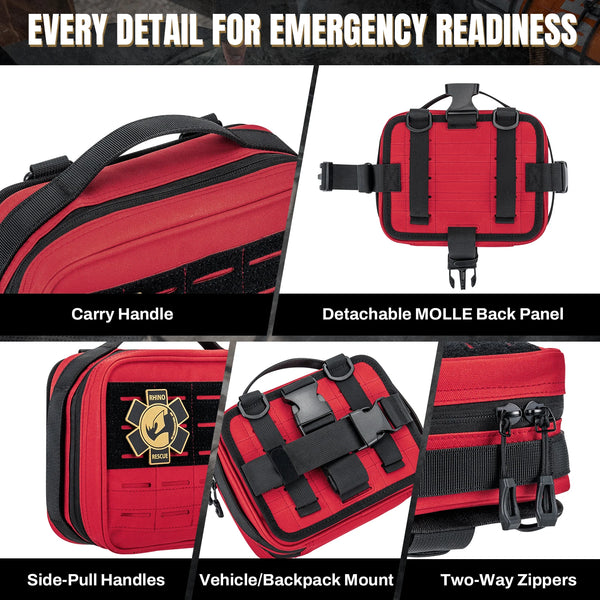 RHINO RESCUE Compact Vehicle First Aid Pack, Disaster Preparedness Kit, Molle Storage Pouch for Outdoor & Home Safety