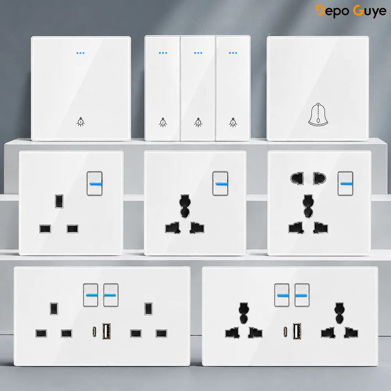 White UK 230V Tempered Glass Touch Light Switch Socket LED Wall Panel Smart Home Switches Socket Manufacturer Wholesale Supplier