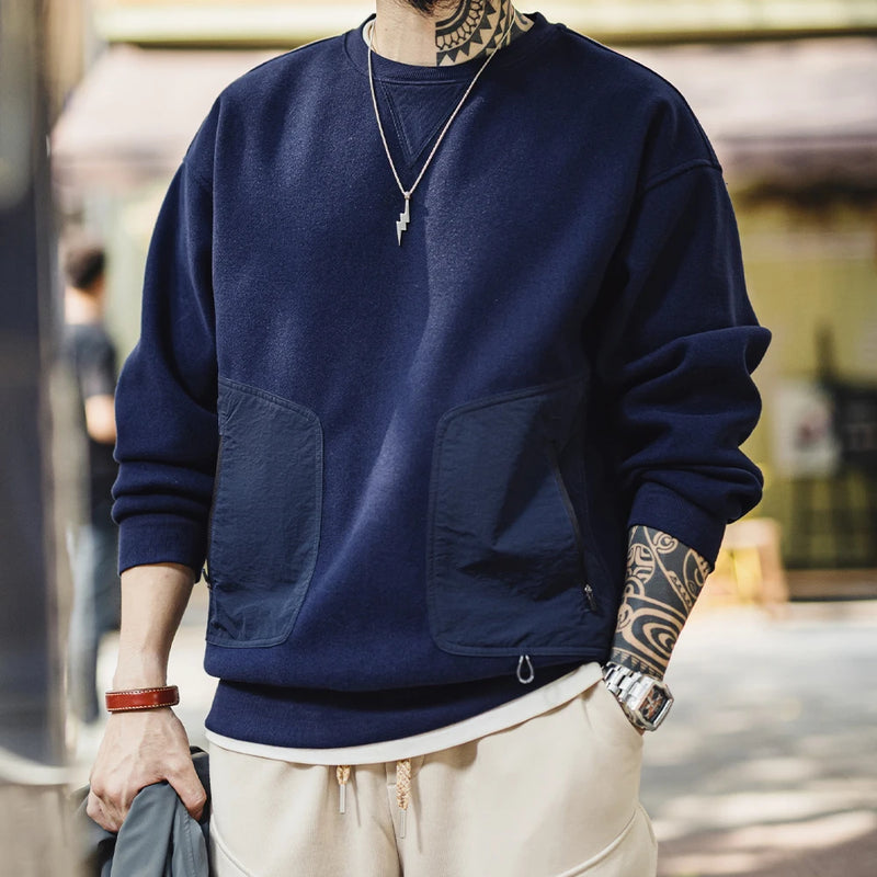 Maden Vintage Heavyweight Patchwork Pocket Sweatshirt Loose Round-neck Versatile Hoodies for Men's Autumn Long-sleeved Pullover
