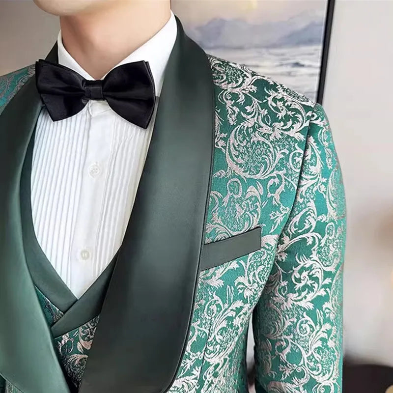 2026 New Men's Apricot Embroidered Suit 3-Piece, Jacquard Fabric Dress Jacket and Vest with Trousers, Branded Clothing