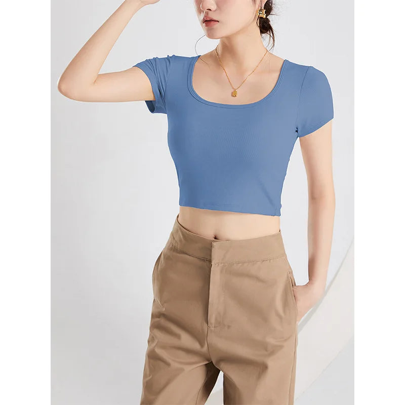 New Square Collar Bra Cup Integrated Slim Modal Sleepwear Vest One Piece Pajamas Women Comfortable Bottom Short Sleeve T-shirt