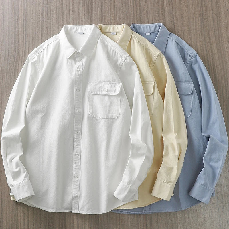 Dukeen Shirts for Men Spring and Autumn Pockets Cotton Solid Color White Plain Shirt Long-Sleeved Tops Mens Clothing
