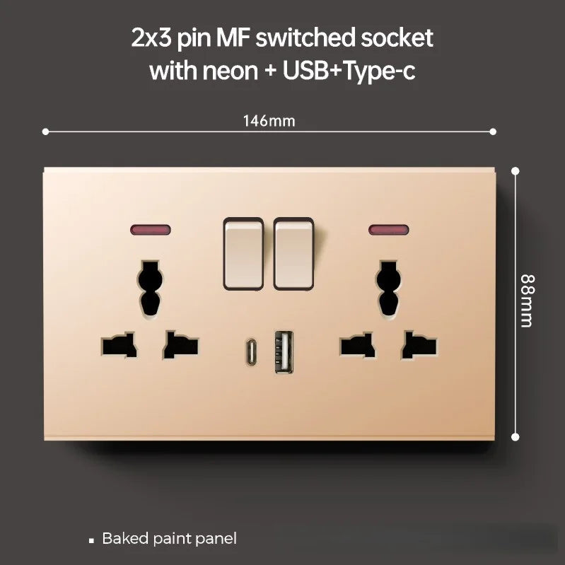 Uk Type 86 13A Universal Rose Gold 220V Wall Large Warped 1gang2way Cross Button Light Switch,USB Electric Plug Wall Socket