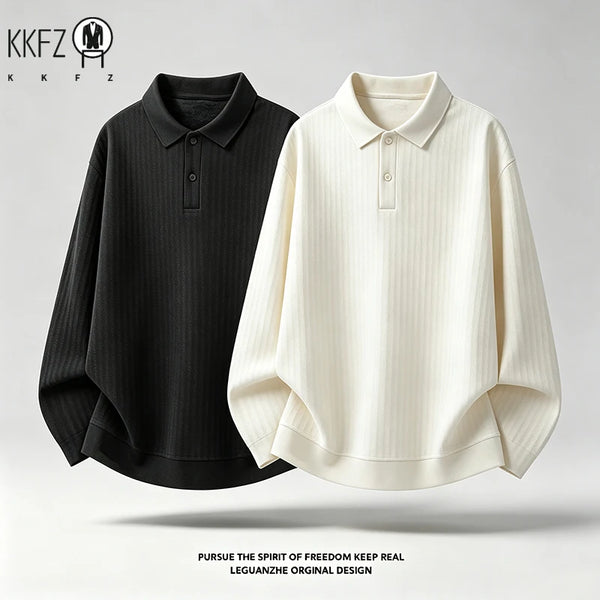 Mens Autumn Casual Polo Pullover Lapel Collar Long Sleeve Button Front Loose Silhouette Ribbed Knit Material Daily Outfit