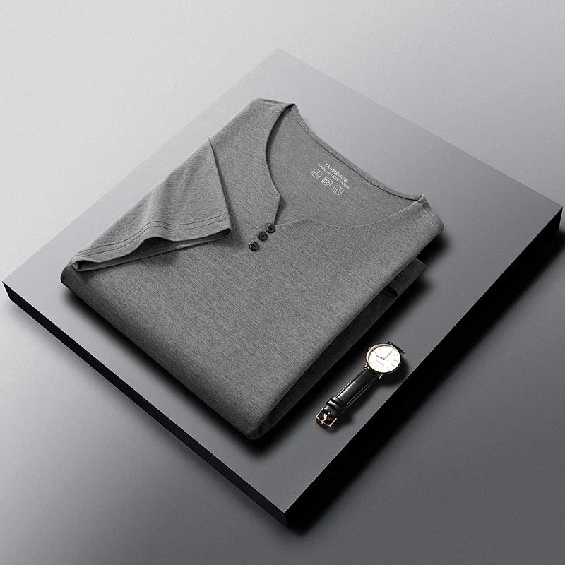Mens Soft Breathable V Neck Tee With Henley Button Design Comfortable For All Seasons Daily And Casual Wear Activities