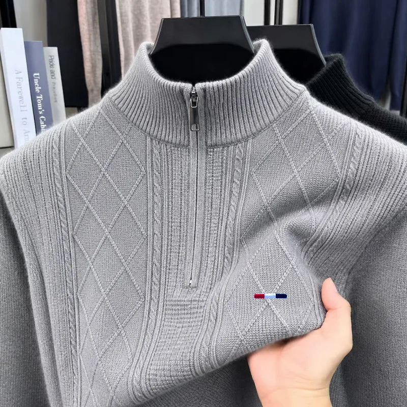 Fashion Man Long-Sleeved Knitwear Mock Neck Zipper Striped Embroidery Diamond Pattern Autumn Winter New Leisure VersatileSweater