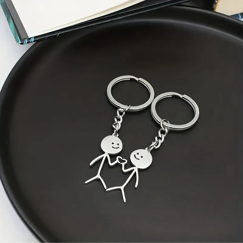 2pcs Stickman Matching Heart Keychain For Men, Cute Alloy Key Chain, Ring Purse Bag Backpack Pendant Decoration.