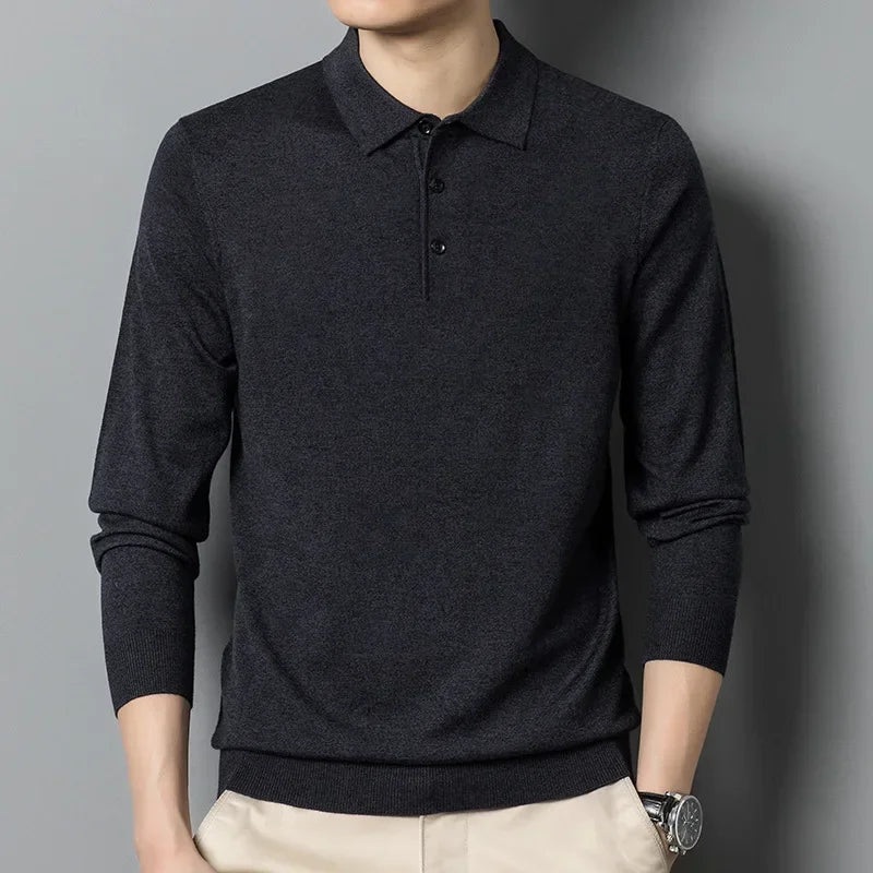 Men's Autumn Long-Sleeved Wool Blend Solid Color Polo Pullover Sweater with Lapel, Casual Bottoming Sweater -Sizes M-4XL