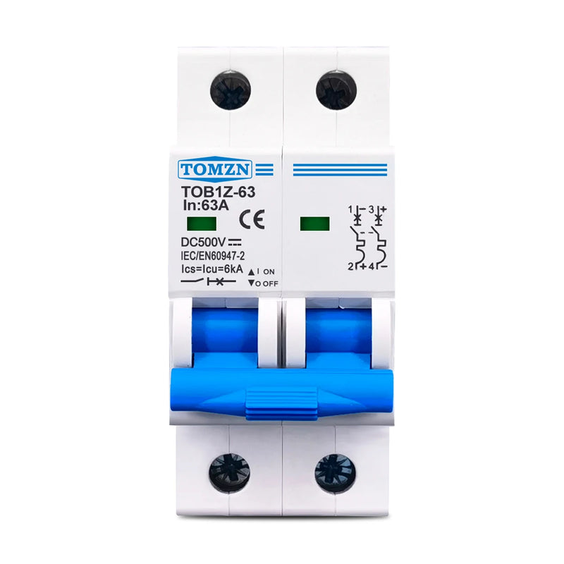 TOMZN 2P DC MCB 6kA 500V Mini Circuit Breaker 3A 6A 10A 16A 20A 25A 32A 40A 50A 63A Y Connection