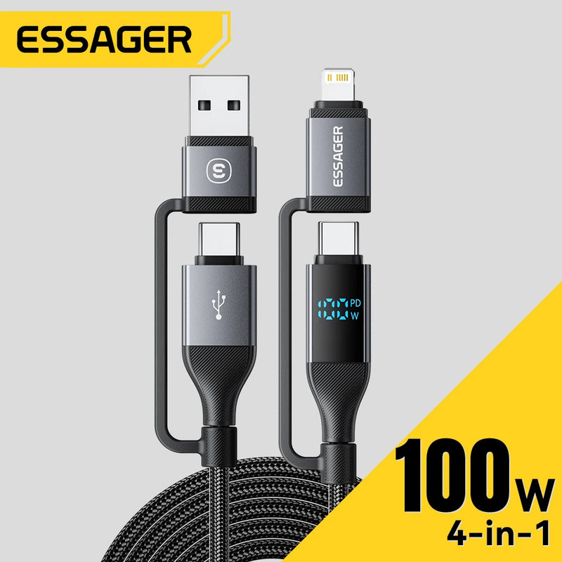 ខ្សែសាក USB Essager 4 ក្នុង 1 ប្រភេទ C 100W PD សាកលឿនសម្រាប់ iPhone Macbook iPad Xiaomi Type C Lighting Cable