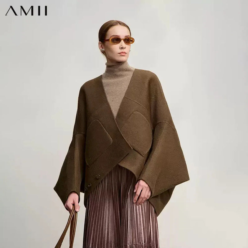 Amii Women's Coat 2026 Winter New Modern V-neck Wool Double-sided Long Sleeves Outerwear O-shaped Loose Woolen Jacket 12544106