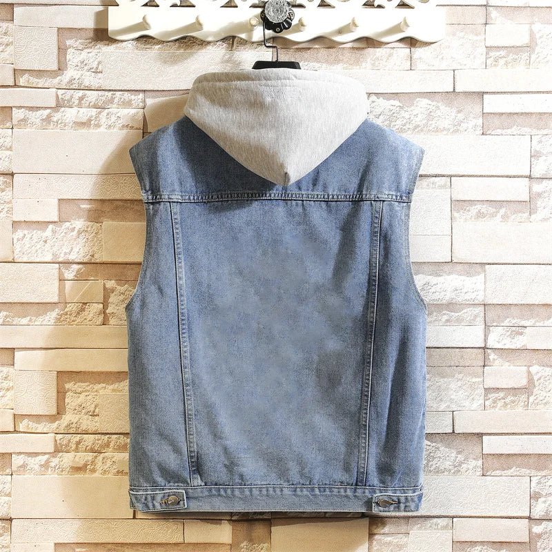 2026 Spring New Men's Black Denim Vest Jacket, Teenagers Blue Leisure Hooded Coat M-5XL