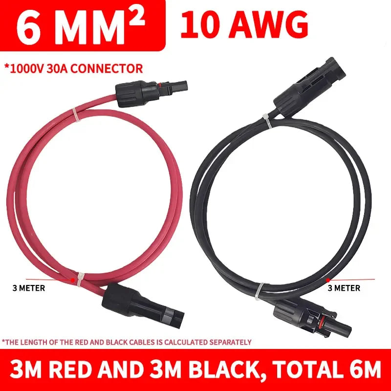 6 mm² 10AWG Extension Cable PV1-F Solar Panel Wire, Waterproof DC Connector Male & Female Pair for Photovoltaic System