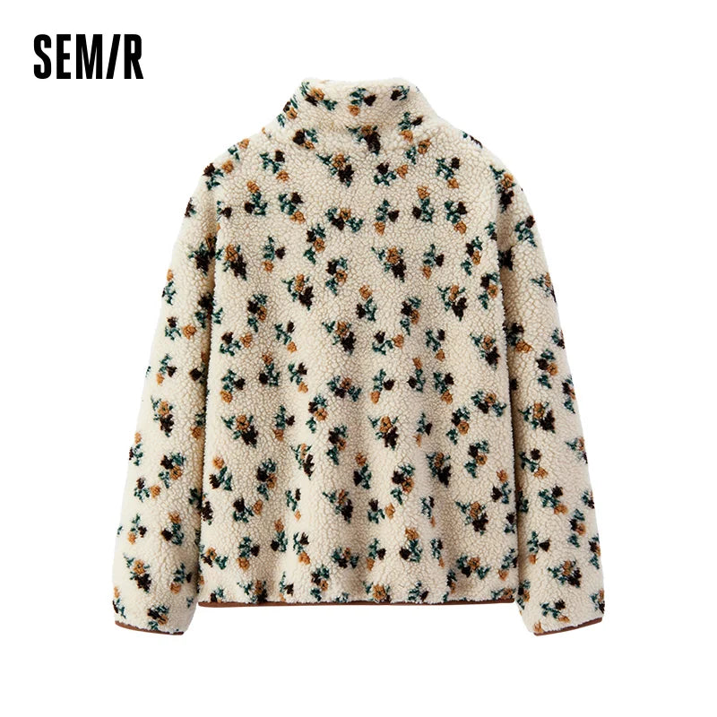 Semir Jacket Women Winter Faux Lamb Wool Fleece Stand Collar Loose Patterned 2025 New Fashion Retro Jacket Women'S Wear