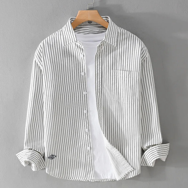 Spring Autumn 100% Cotton Cargo Striped Long Sleeve Shirts for Men Clothing Casual Soft Streetwear FY9678