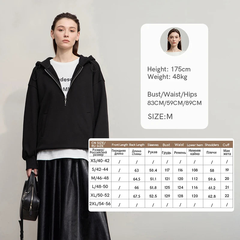 AMII Hoodies Woman 2026 Winter New Casual Hooded Zipper Semi-open Woman Sweatshirts Long Sleeve Loose Cotton Top Female 12544110