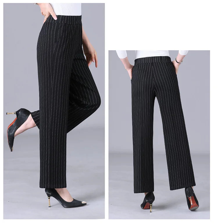 Women's High-waisted Wide-leg Pants for Spring and Fall—stylish, Casual Striped Trousers.