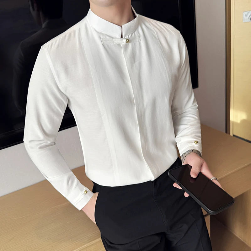 Men's Long-sleeve Slim-fit Stand Collar Shirt, Zhongshan Suit Style, Solid Color Shirt, Chinese Style Slim-fit Shirt.