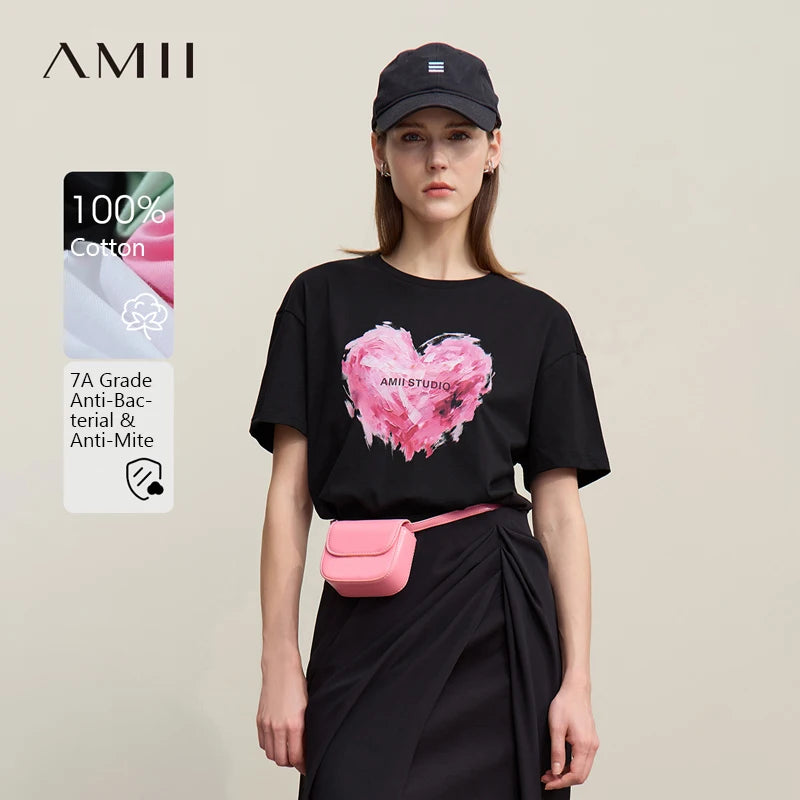 អាវយឺត Amii នារី រដូវក្តៅ ឆ្នាំ២០២៦ អាវយឺតកមូល កមូល បោះពុម្ពរូបបេះដូង ដៃខ្លី រលុង សម ពាក់បានច្រើនដង លេខ ១២៦២២០២៦